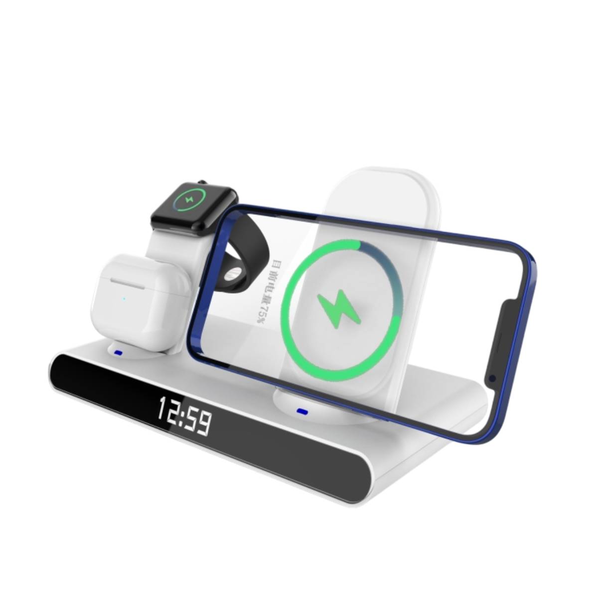 Wireless Fast Charge Stand Clock Three-in-One Folding Wireless Charger - White