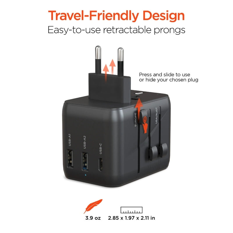 HyperGear WorldCharge Universal Travel Adapter with USB-C - Black