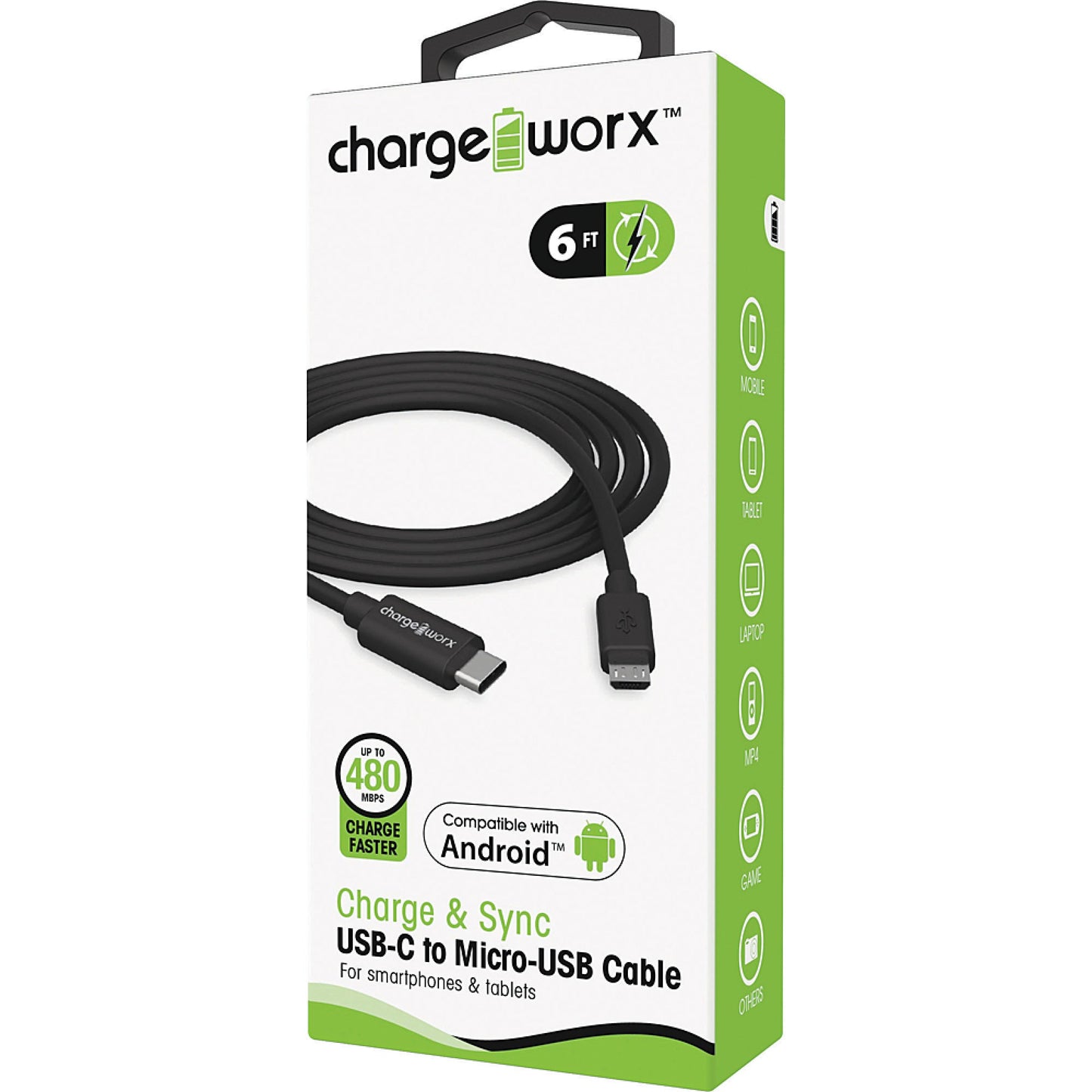 ChargeWorx 6 ft USB-C to Micro-USB Sync & Charge Cable - Black