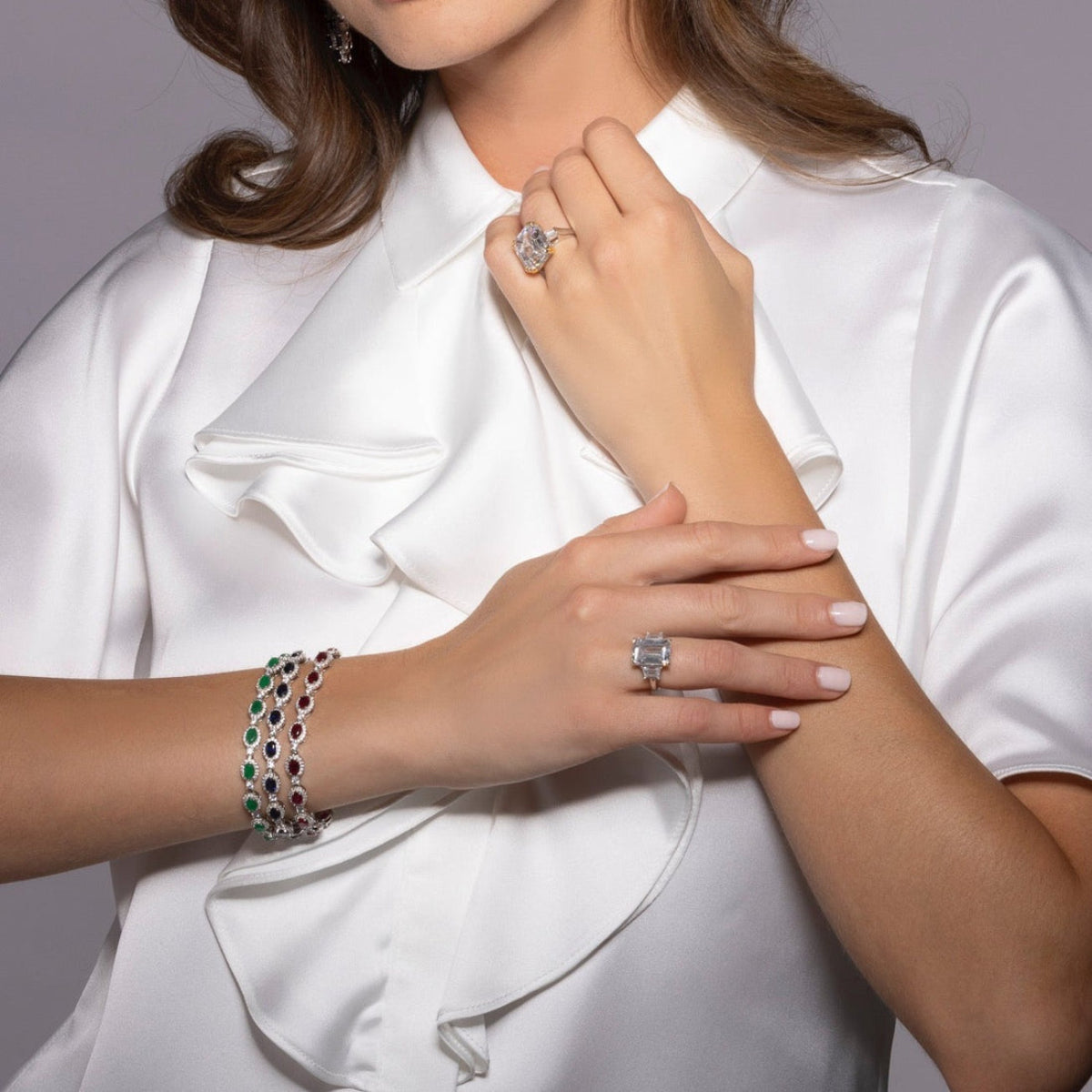 Anna Zuckerman Victoria 18 Women's 7.5" 8.75 ct. Diamond Crystalline and Ruby Gem Art Deco Bracelet in Platinum-Plating over 925 Sterling Silver