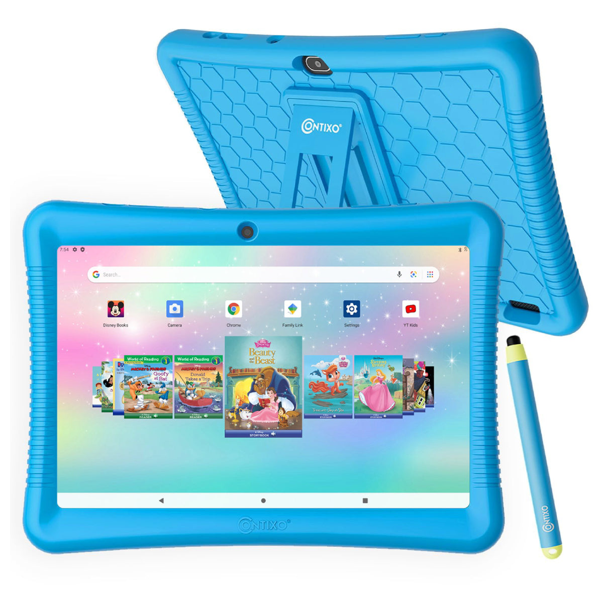 Bundle: Contixo 10" Kids Tablet + Contixo KB2 Kids Wired Over-the-Ear Headphones + Contixo Kids Bluetooth Karaoke Speaker with Two Wireless Microphones - Blue