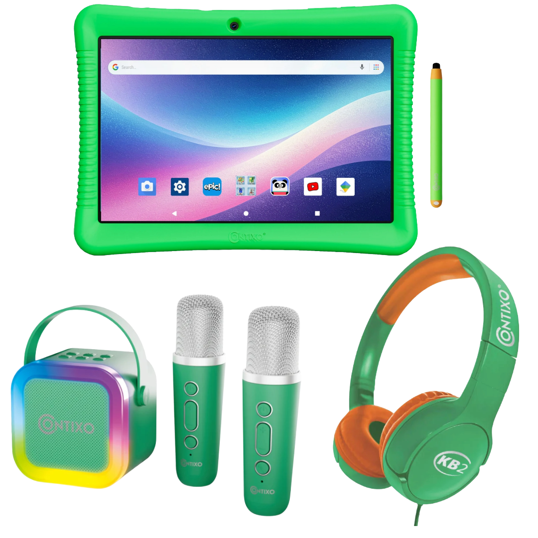 Bundle: Contixo 10" Kids Tablet + Contixo KB2 Kids Wired Over-the-Ear Headphones + Contixo Kids Bluetooth Karaoke Speaker with Two Wireless Microphones - Green