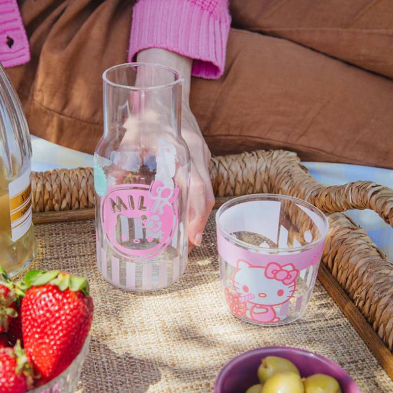 Sanrio Hello Kitty Strawberry Milk 18 oz Glass Pitcher and 8 oz Cup