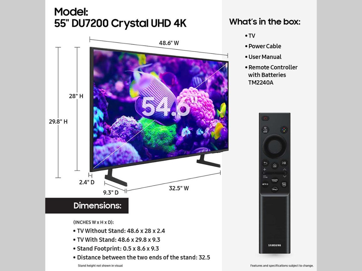 Samsung 55” Class DU7200 LED Crystal UHD 4K Smart Tizen TV