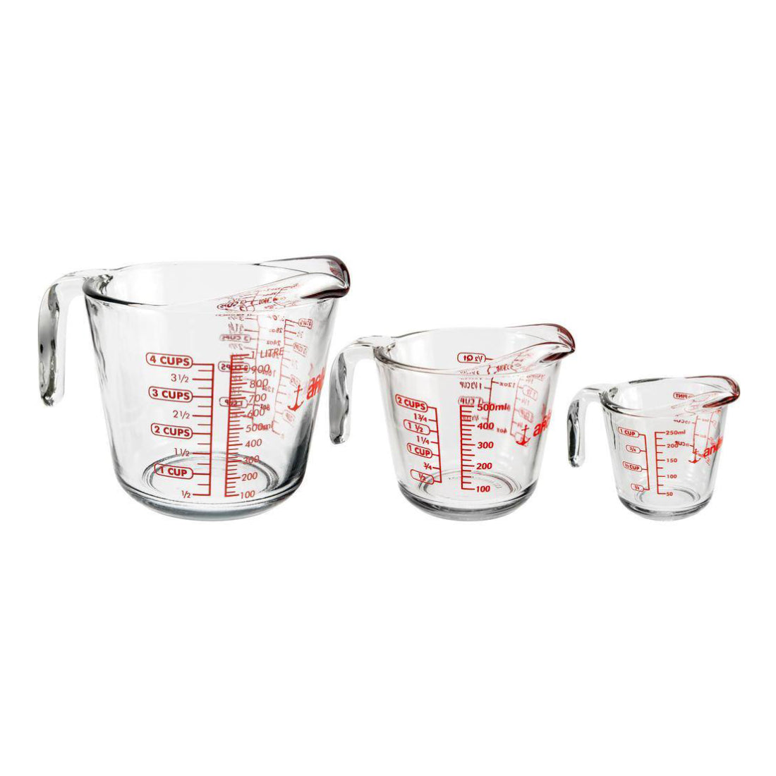 Juego de tazas medidoras con mango abierto de Anchor Hocking (3 piezas), color rojo