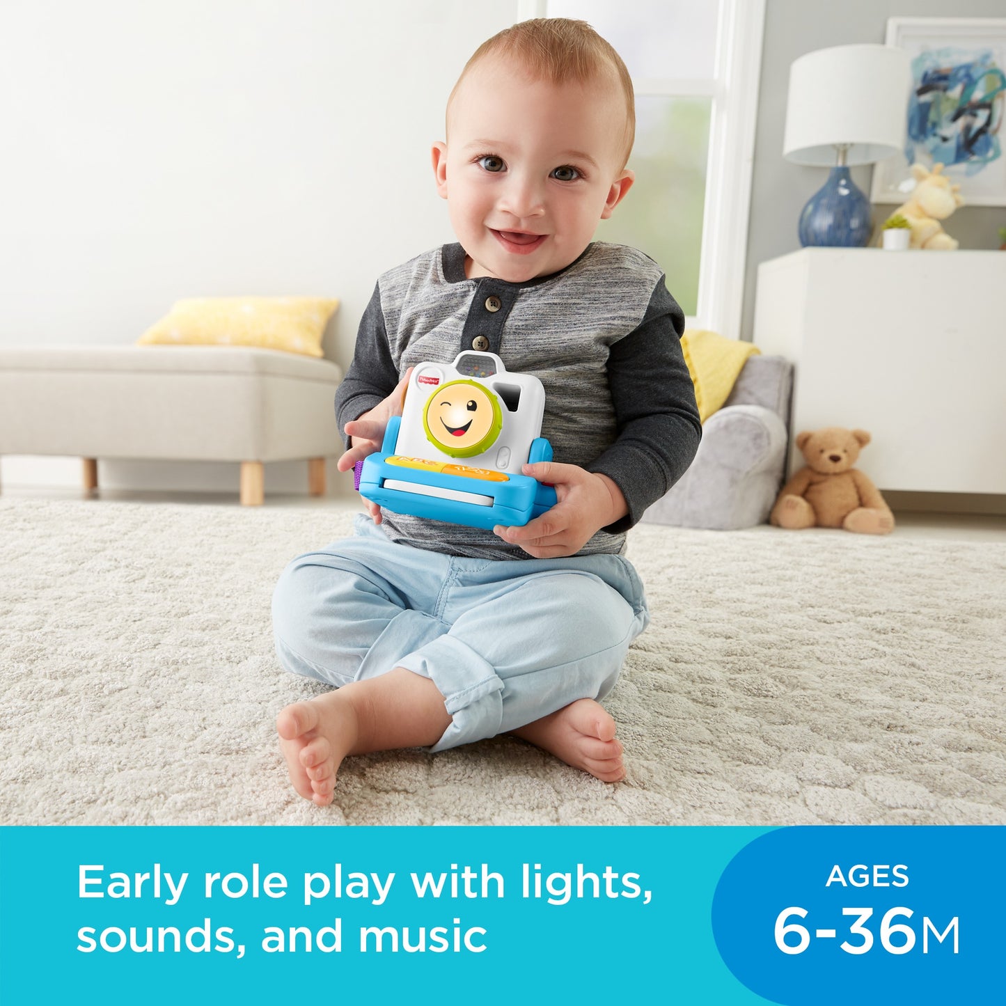 Fisher-Price Laugh 'N Learn Click & Learn Instant Camera Musical Toy with Lights, Music and Sounds - Curacao