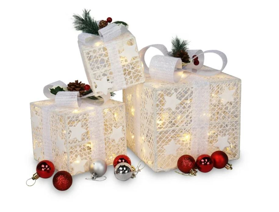 Juego de 3 cajas de regalo iluminadas con decoración navideña y luz cálida, color blanco