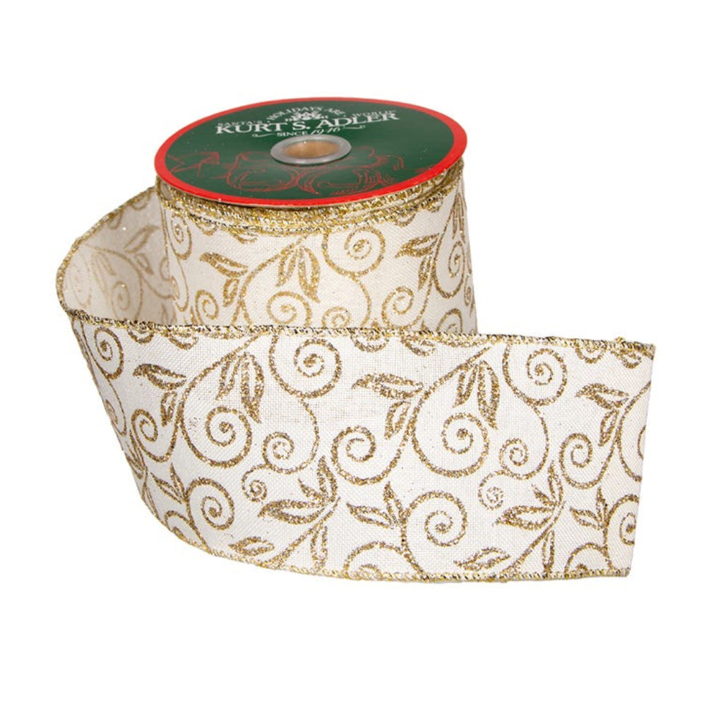 Cinta de alambre doble con brillantina de Kurt Adler, 4" x 10 yardas, marfil/dorado