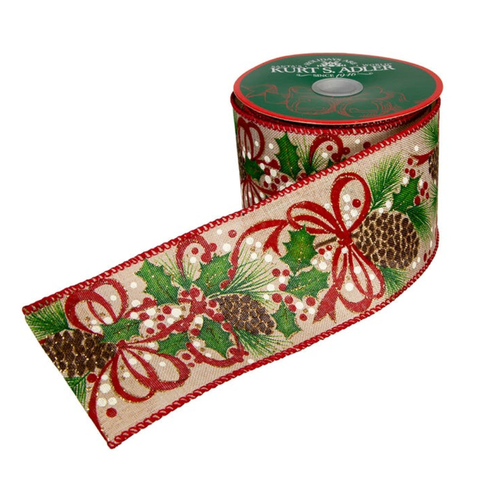 Cinta de alambre doble con diseño de hojas y puntos de Kurt Adler, 2,5" x 10 yardas