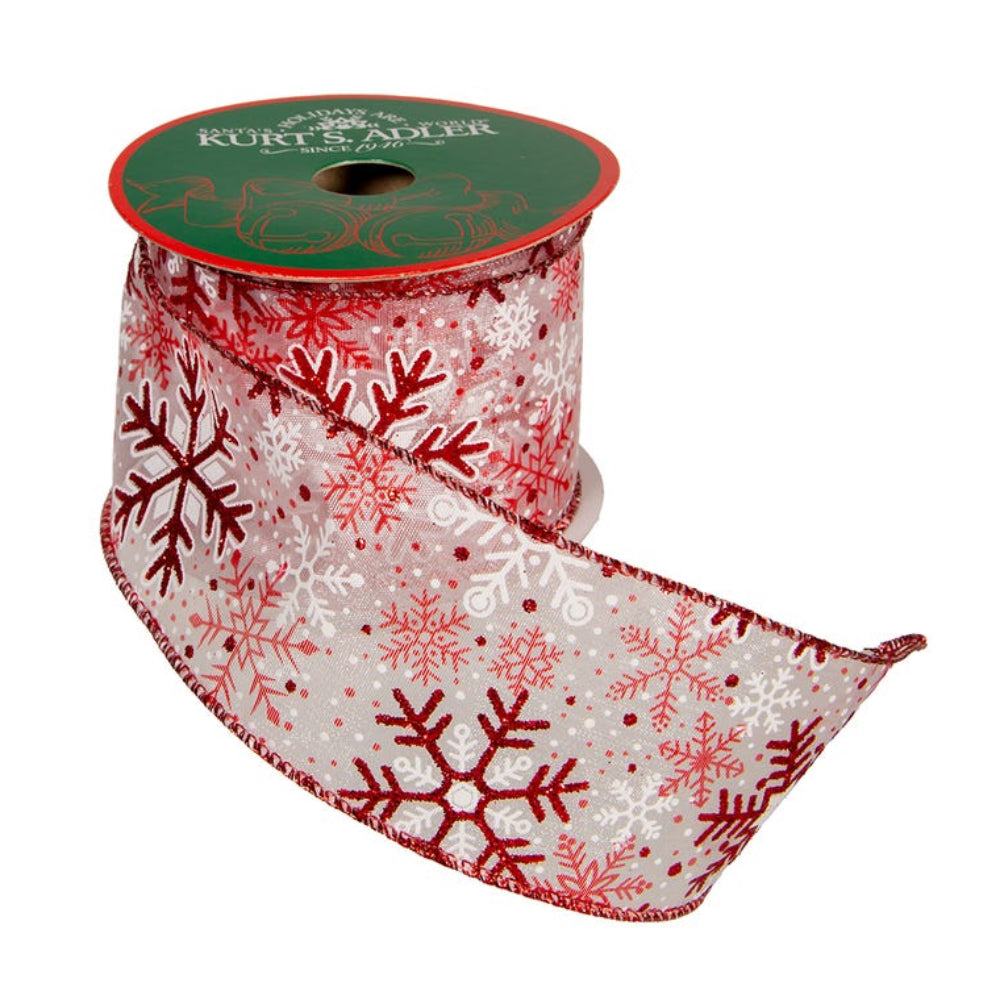 Kurt Adler 2.5" x 10 Yards Snowflake Patterned Double Wire Ribbon, Red/White