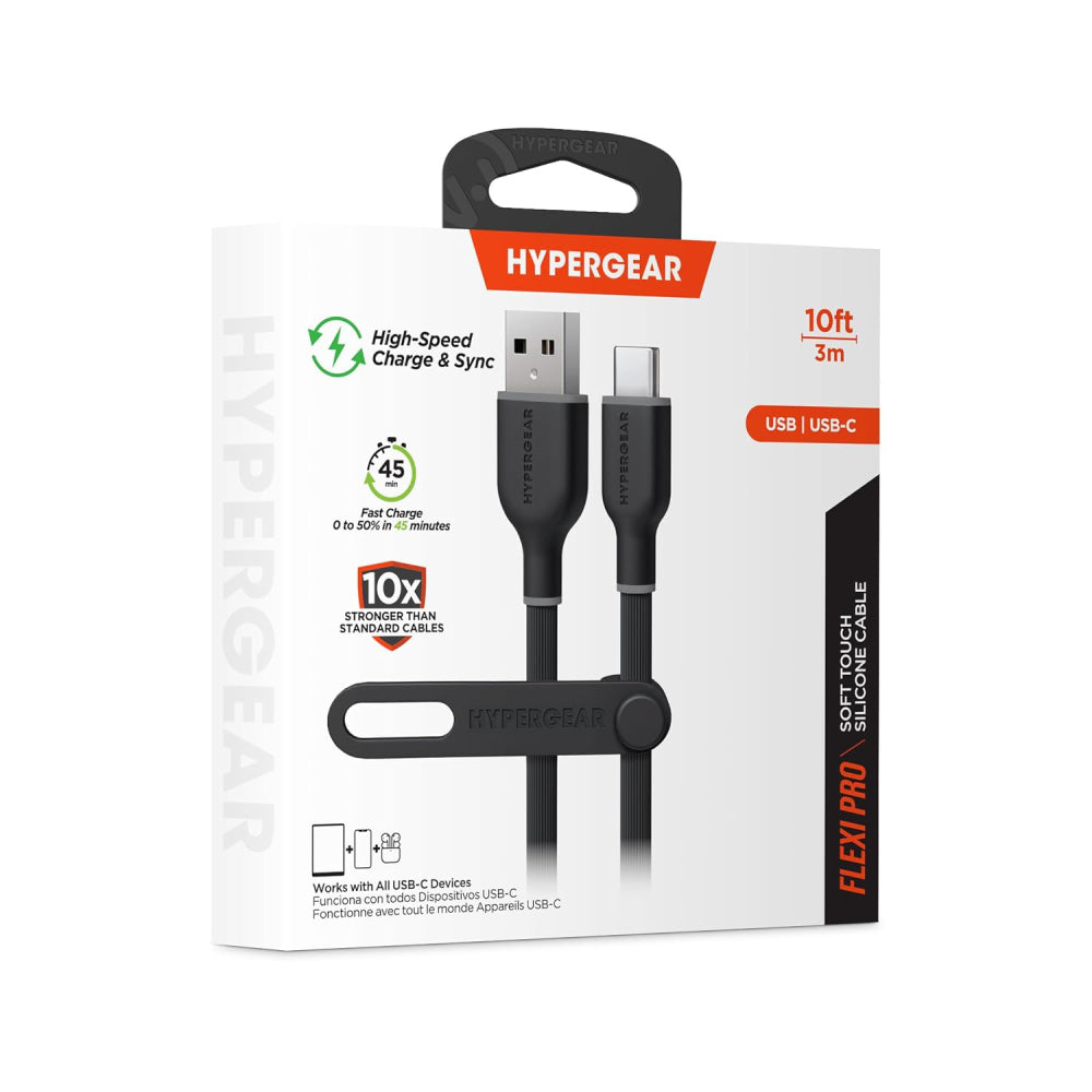 Cable de carga y sincronización USB a USB-C de tacto suave HyperGear Flexi Pro de 10 pies (negro)