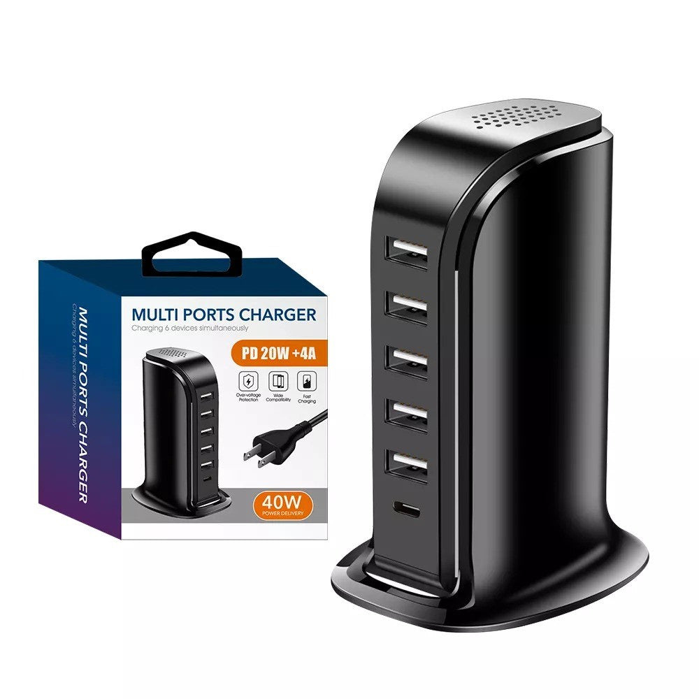 Cargador USB de 6 puertos y 40 W, color negro