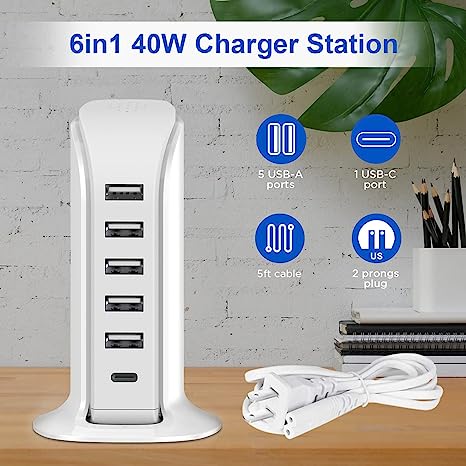 6-Port 40W USB Charger - White