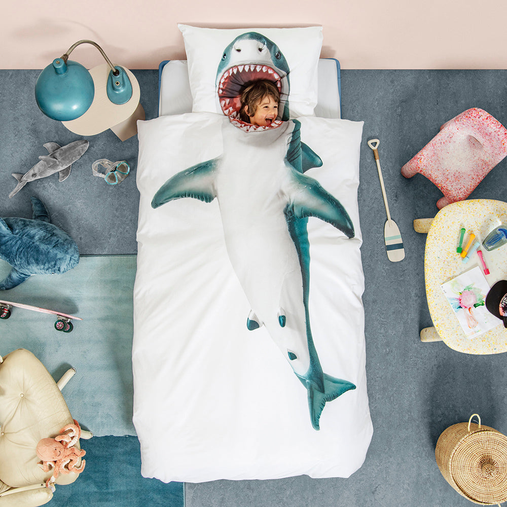 Snurk Twin Size 2-Piece Shark Duvet Cover Set - White/Blue