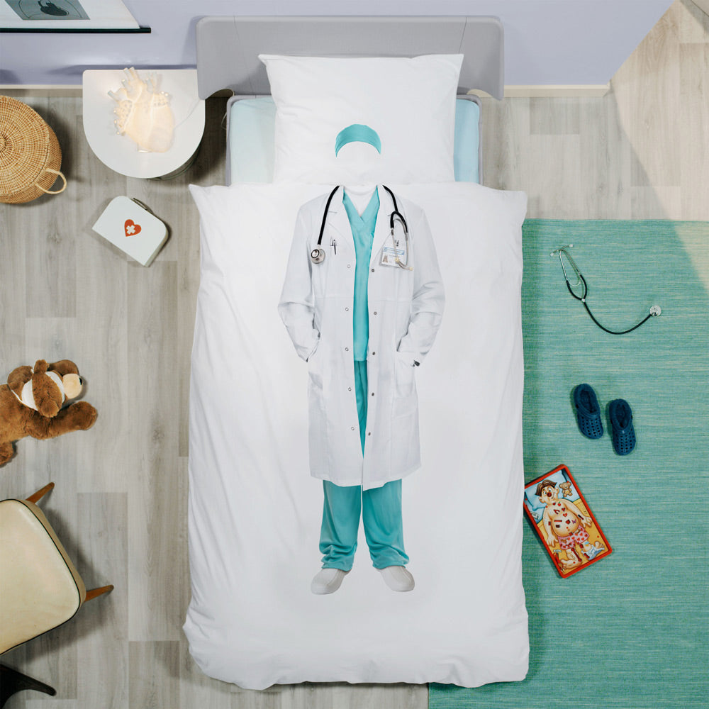 Juego de funda nórdica Snurk Twin Size de 2 piezas, diseño de doctor, color blanco y verde