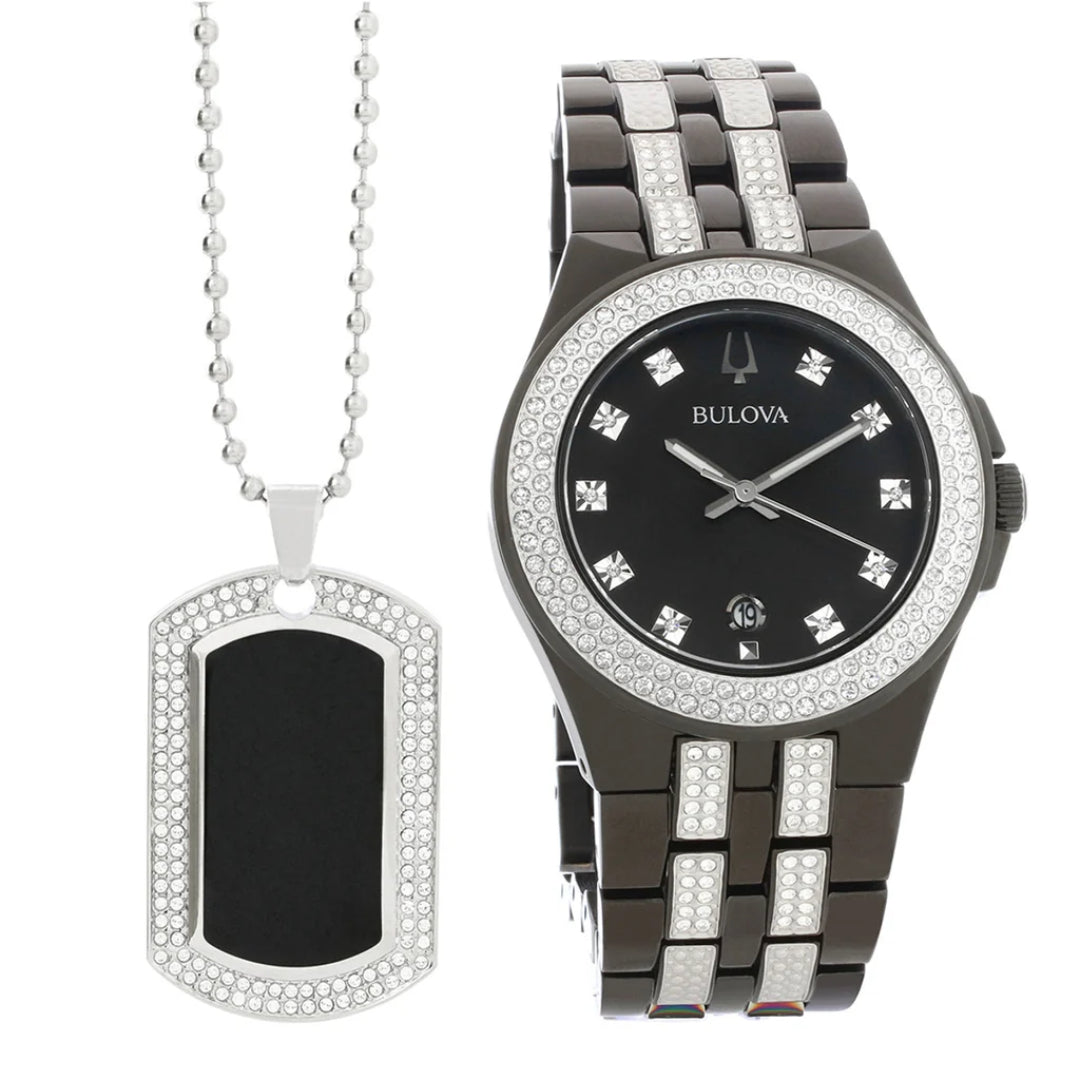 Bulova Crystal Collection Black Dial Two Tone Steel Strap Watch Set