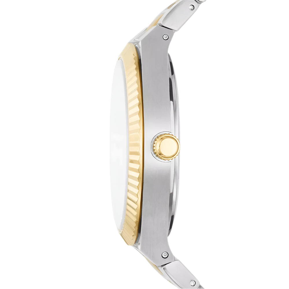 Reloj Fossil Scarlette para mujer, de 38 mm, con pulsera de dos tonos y fecha y tres manecillas, esfera plateada