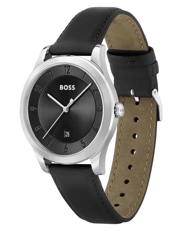 Reloj analógico de 41 mm con correa de piel para hombre de Hugo Boss, color negro