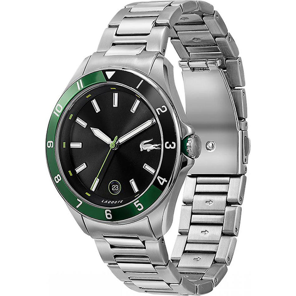 Reloj Lacoste Tiebreaker para hombre, de cuarzo, con correa de acero inoxidable de 43 mm y esfera negra