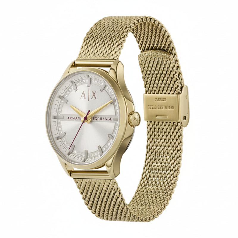 Reloj Armani Exchange para mujer con correa plateada de 36 mm y tres manecillas, esfera rosa