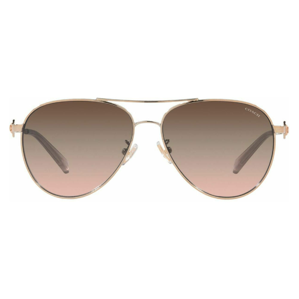 Estas gafas de sol Coach 0HC7128 en oro rosa brillante tienen un estilo aviador y un color de lente degradado de color marrón rosa.