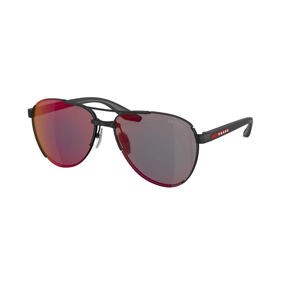 Gafas de sol estilo piloto para hombre Prada Linea Rossa, en gris oscuro con efecto espejo azul/rojo