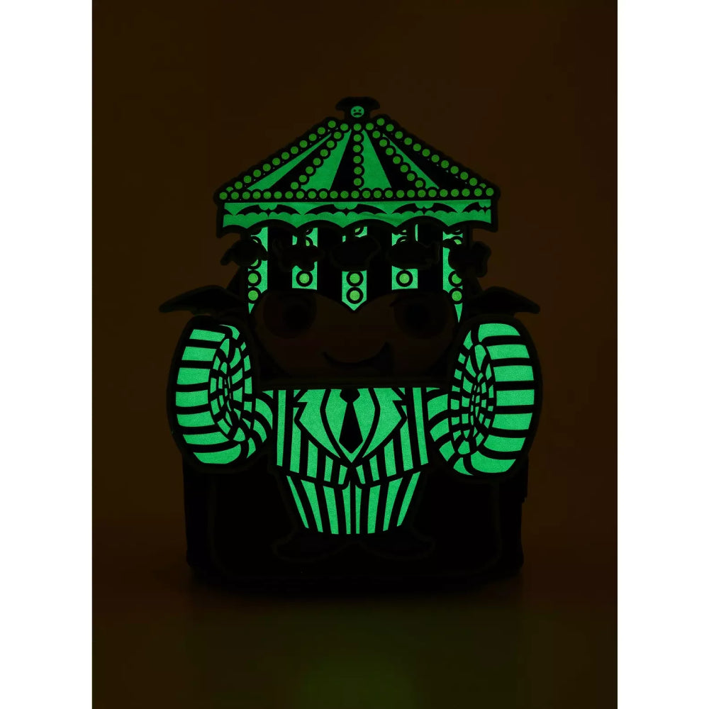 Mochila pequeña que brilla en la oscuridad con diseño de carrusel Chibi Beetlejuice de Loungefly