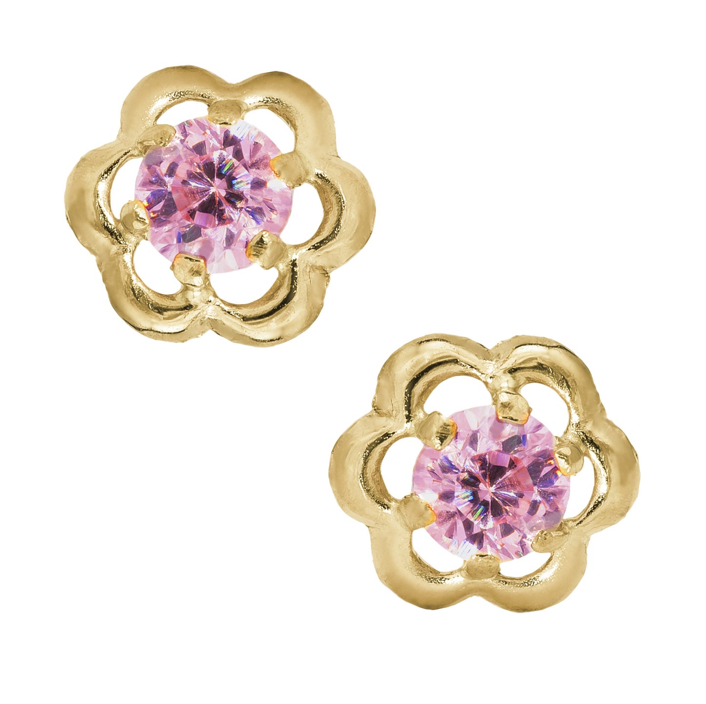 Pendientes Marathon con flor abierta en oro amarillo de 14 quilates y circonita cúbica rosa para mujer