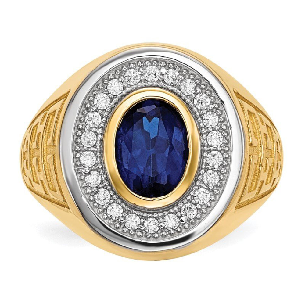 Quality Gold Men's Rhodium CZ and Oval Blue CZ Ring in 14K Yellow Gold - Size 10