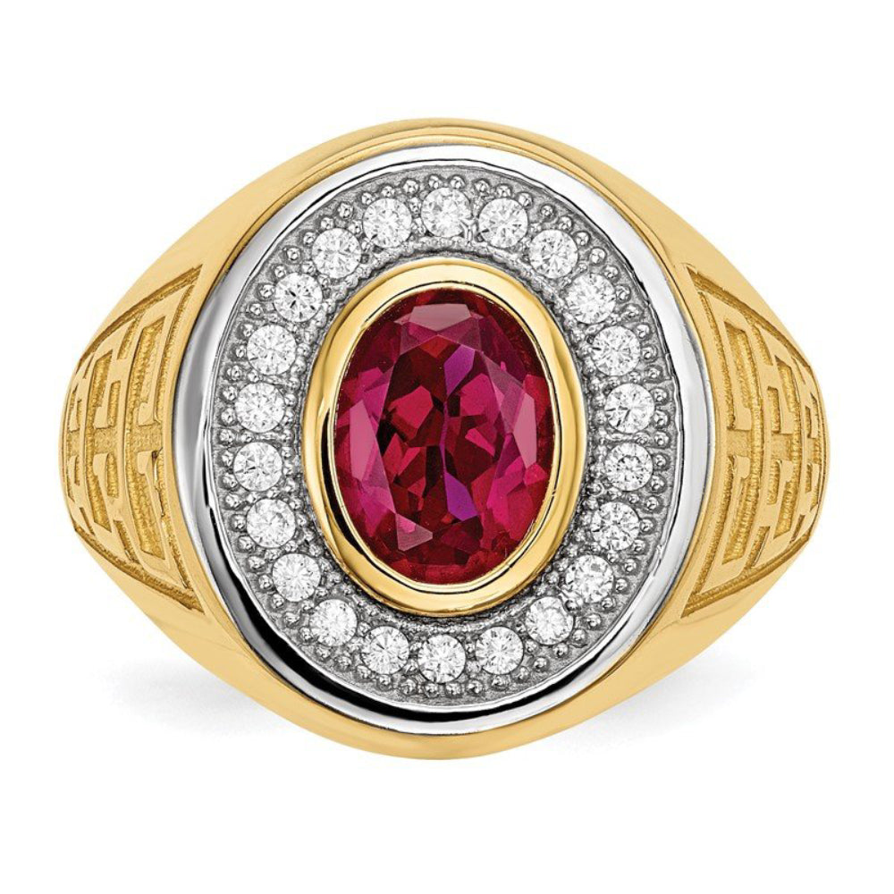 Quality Gold Men's Rhodium CZ and Oval Red CZ Ring in 14K Yellow Gold - Size 10