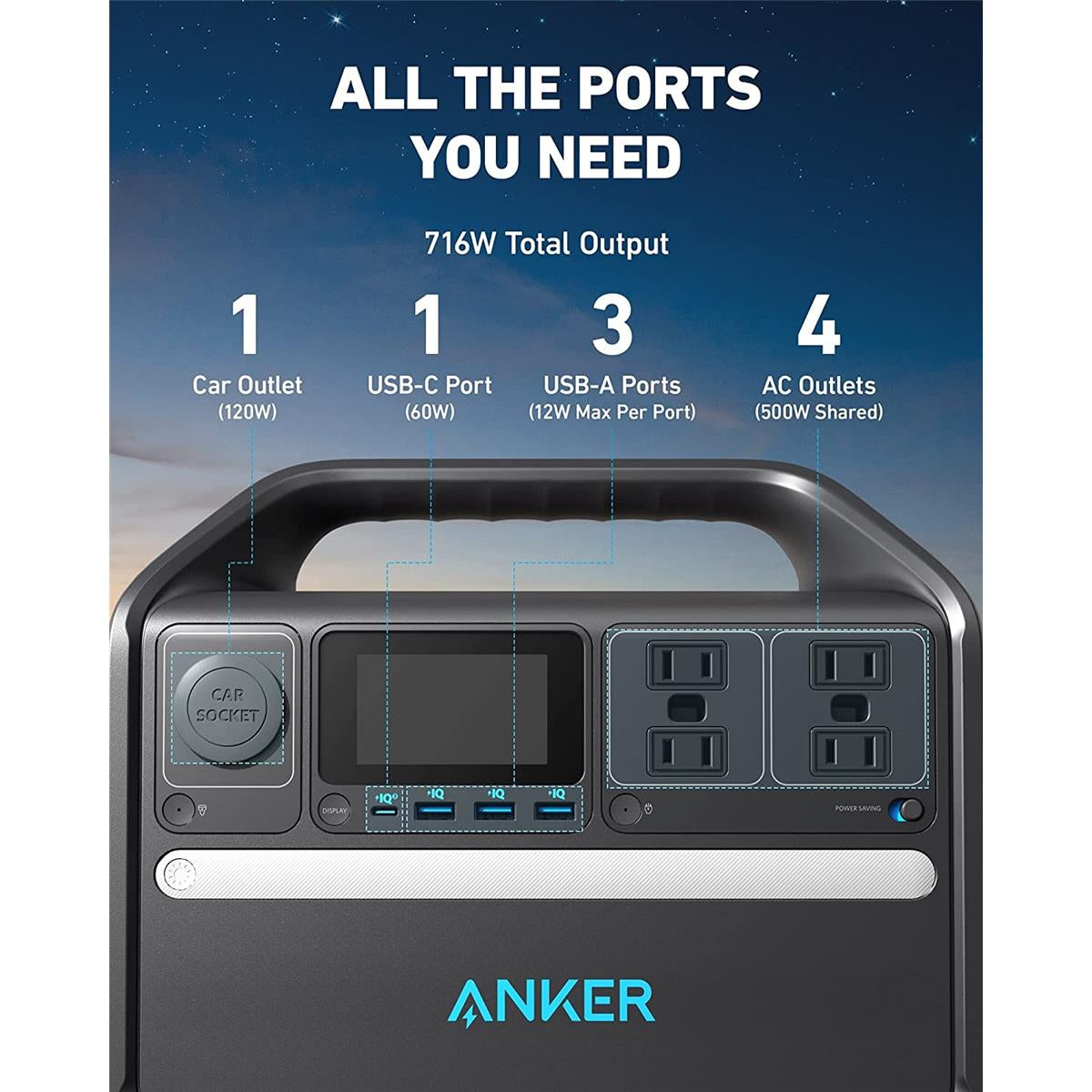 Anker 535 PowerHouse USB-C Portable Power Station with Smart LED Display (512Wh, 500W) - Black