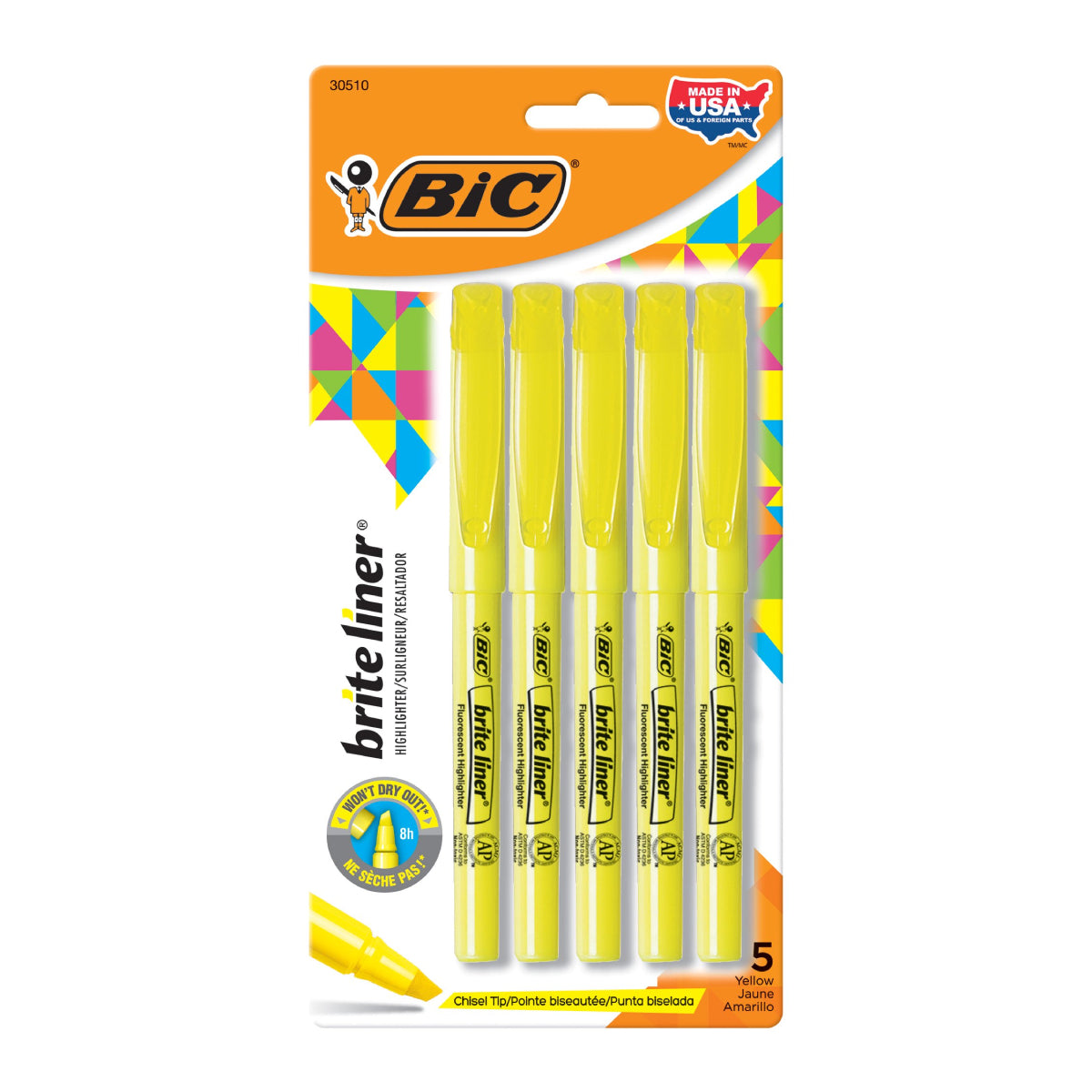 Marcadores fluorescentes con punta biselada BIC Brite Liner (5 unidades), color amarillo