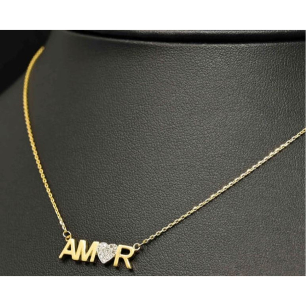 14K Women's 17" Cubic Zirconia AMOR Heart Necklace in 14K Yellow Gold