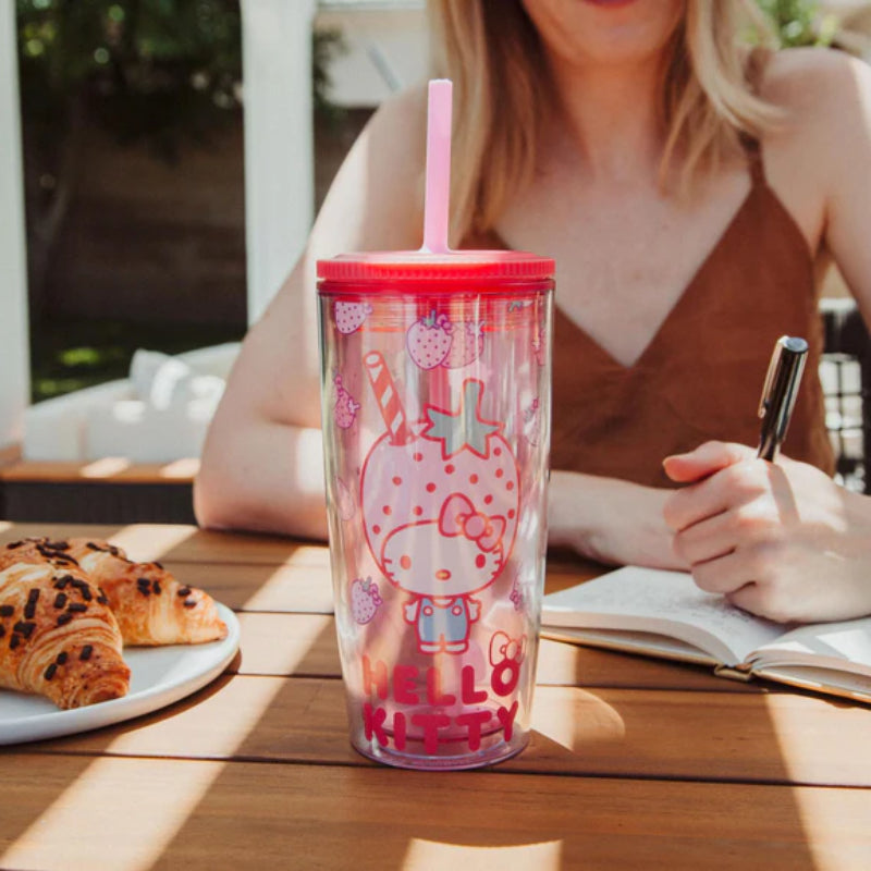 Sanrio Hello Kitty Strawberries 20 oz Tumbler With Lid and Straw - Pink