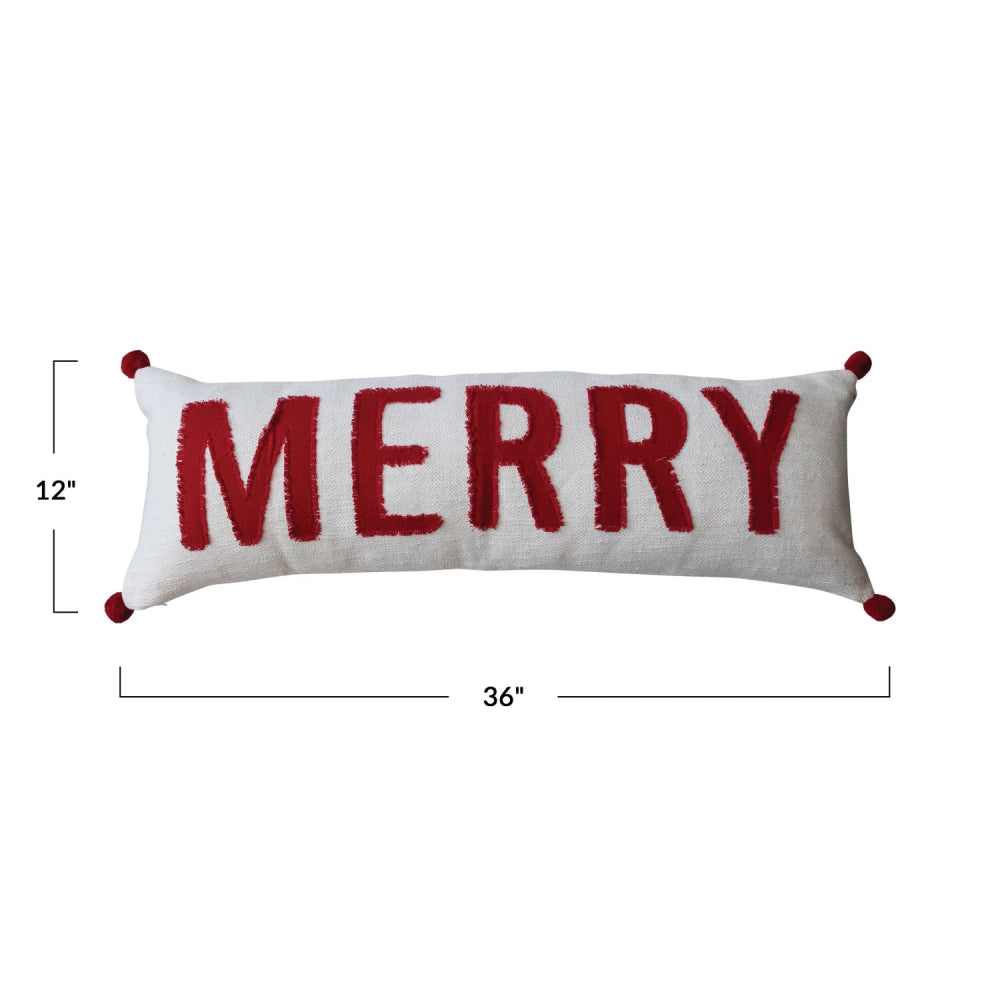 Creative Co-op Lumbar Pillow with "Merry" - Red/White