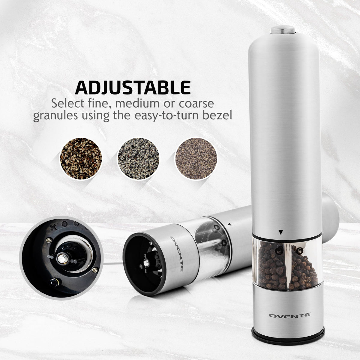 Ovente SPD112S Electric Salt and Pepper Stainless Steel Grinder Set