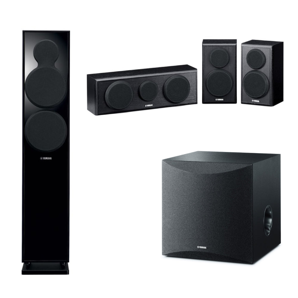 Yamaha Bundle: Dual 6.5" Floorstanding Speakers + 1 Center & 2 Surround Speakers + 8" Powered Subwoofer – Black