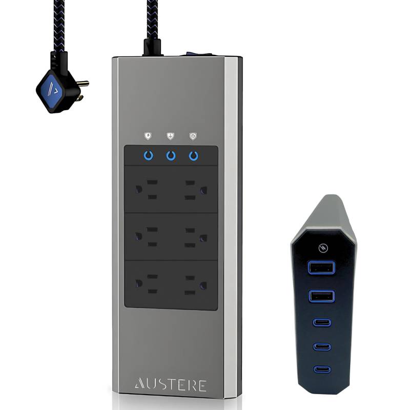 Toma de corriente Austere 5SPS6US1 V Series 6 con puerto USB omnidireccional, color plateado y negro