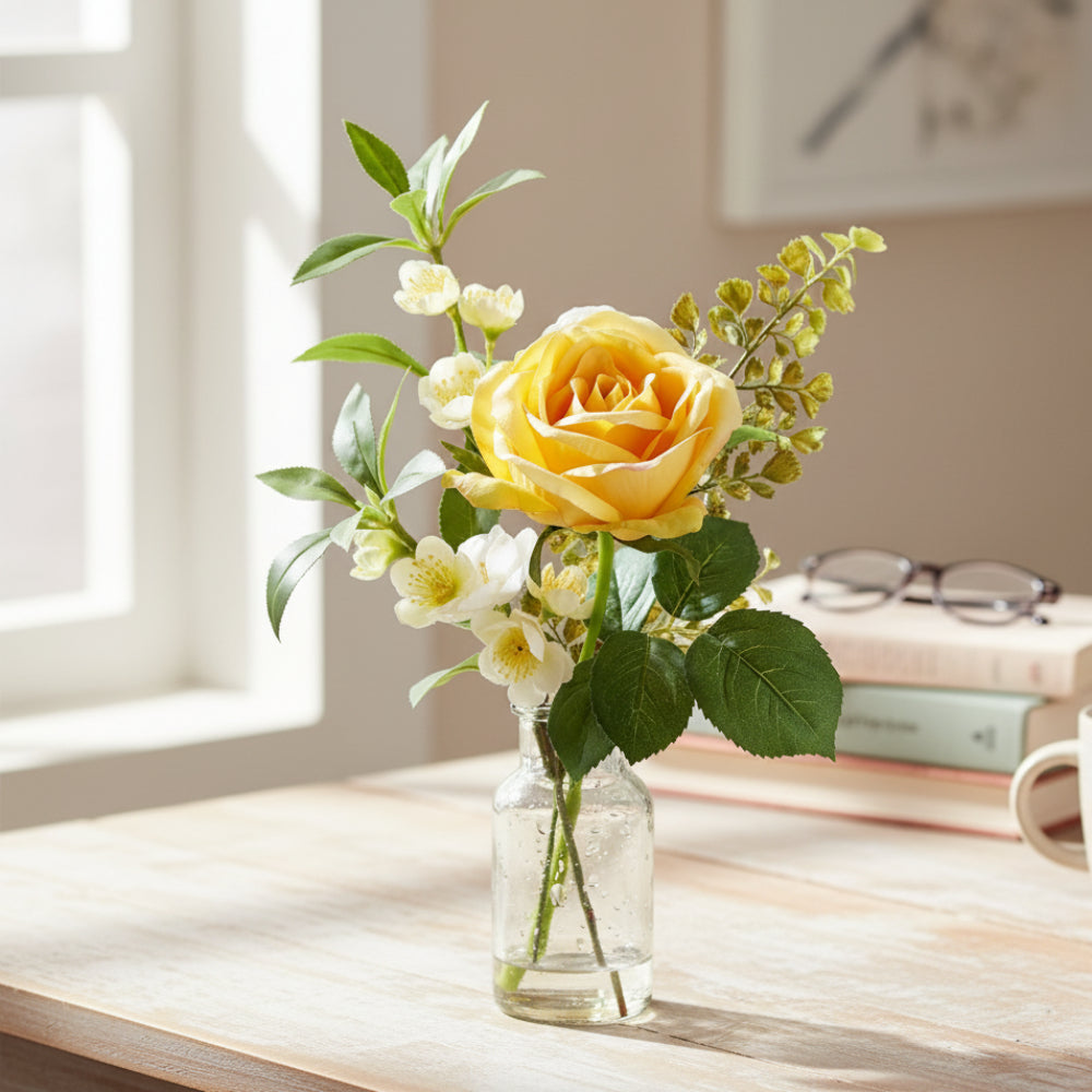 Allstate Floral 14" Rose, Blossom & Fern Leaf Flower Arrangement with Glass Vase