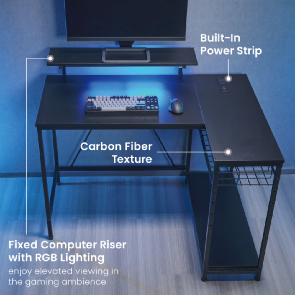 Corner Shaped RGB Lighting Gaming Desk with Fixed Computer Riser by Black Widow