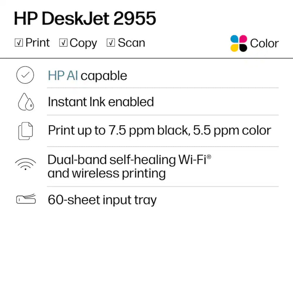 HP DeskJet 2955 Wireless AI Enabled All-in-One Inkjet Printer with Ink - Black