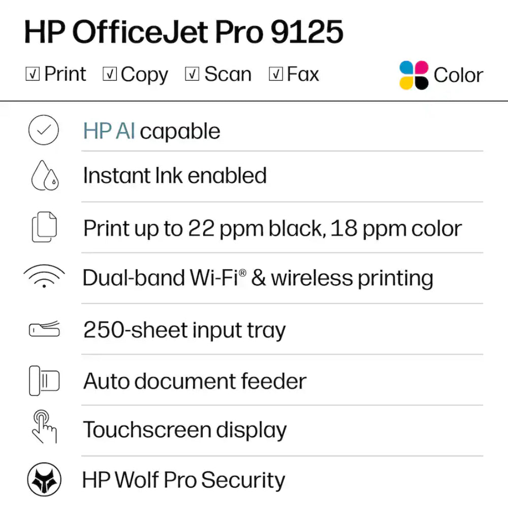 HP OfficeJet Pro 9125 Wireless AI Enabled All-in-One Inkjet Printer with Ink - White