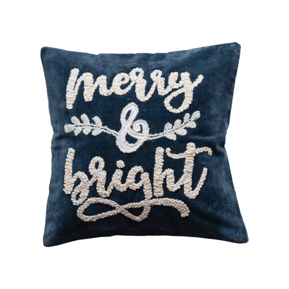 Creative Co-op Pillow with Embroidered "Merry & Bright" - Navy/White