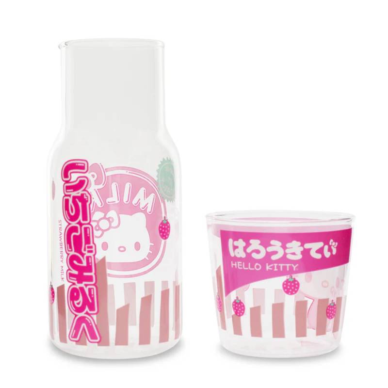 Sanrio Hello Kitty Strawberry Milk 18 oz Glass Pitcher and 8 oz Cup