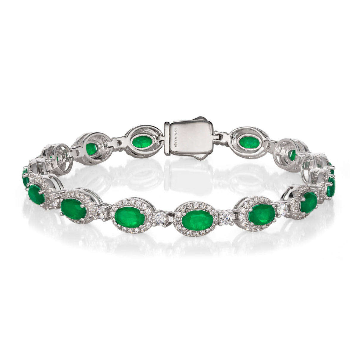 Anna Zuckerman Victoria 18 Women's 7.5" 8.75 ct. Diamond Crystalline and Emerald Gem Art Deco Bracelet in Platinum-Plating over 925 Sterling Silver