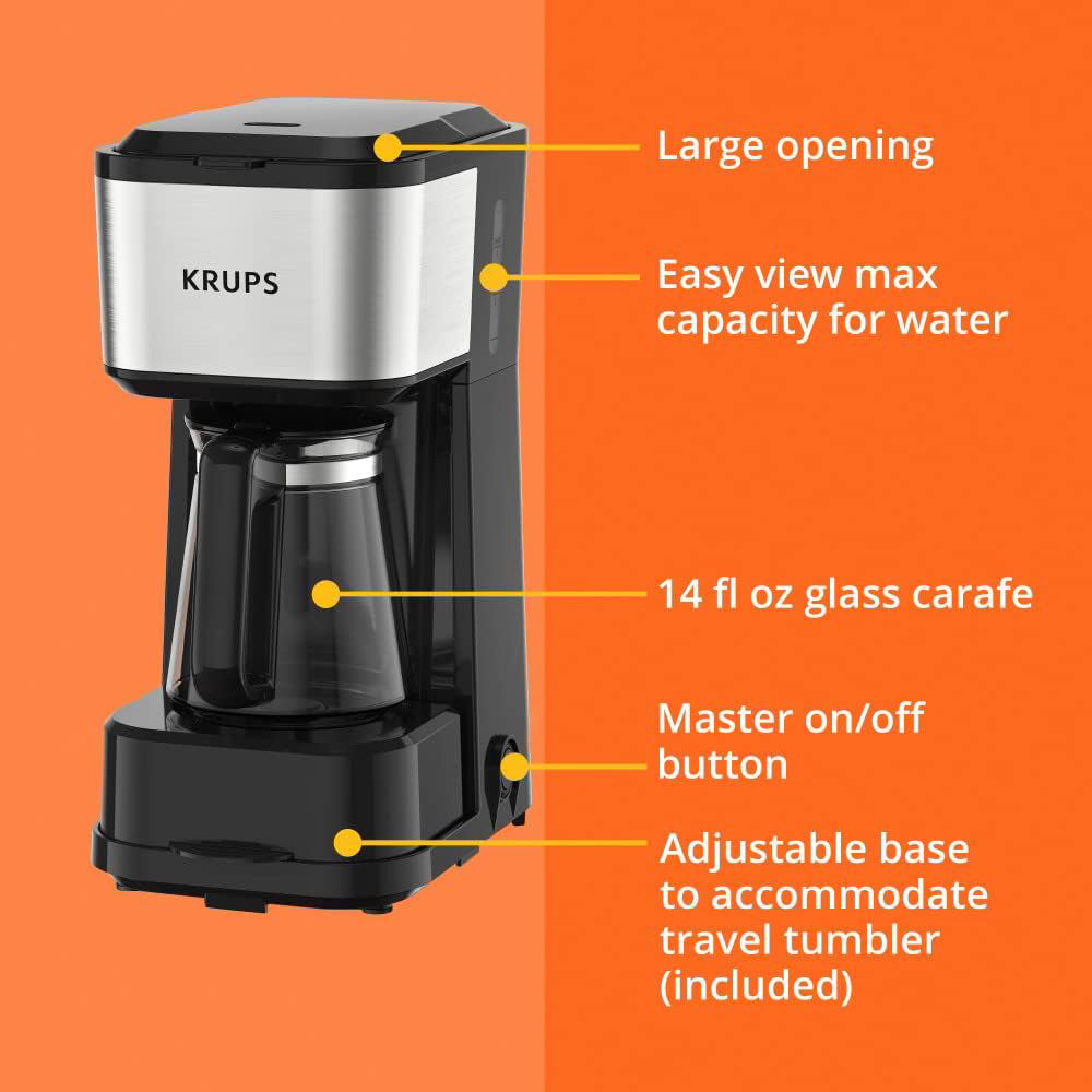 Krups KM207D50 Simply Brew 2 Cup 4-in-1 Coffee Machine with Stainless Steel Travel Tumbler - Black/Stainless