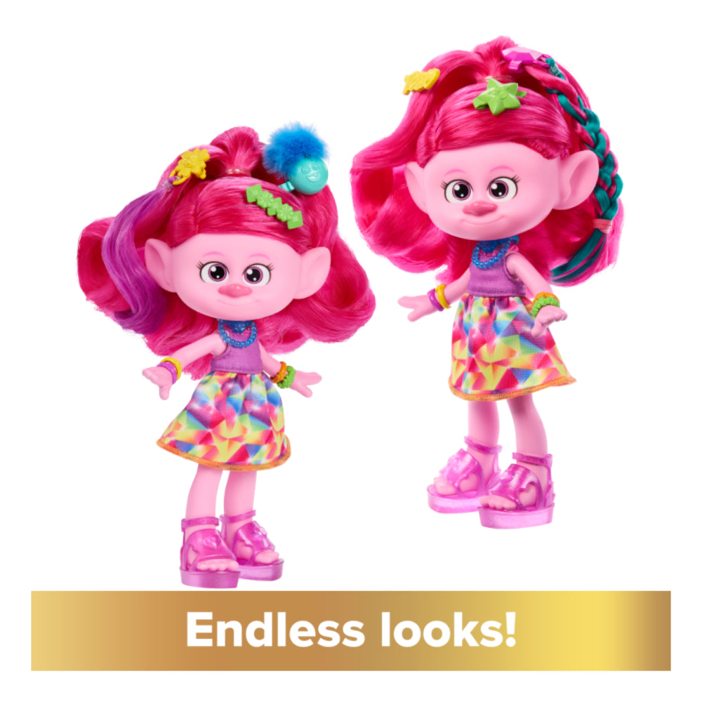Muñeca de moda Queen Poppy con peinado fantástico y más de 15 accesorios para el cabello de Dreamworks Trolls Band Together