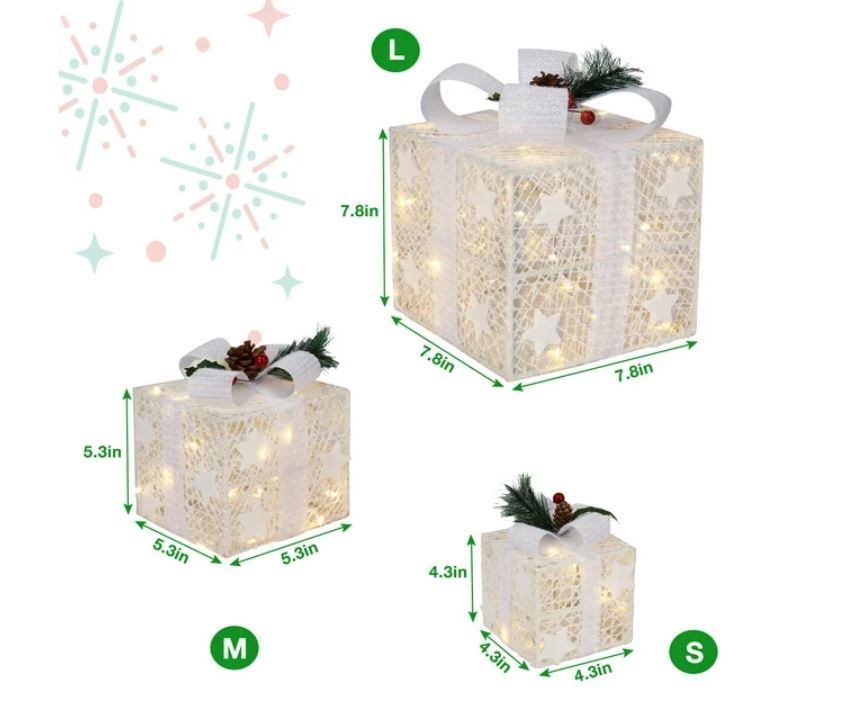 Juego de 3 cajas de regalo iluminadas con decoración navideña y luz cálida, color blanco