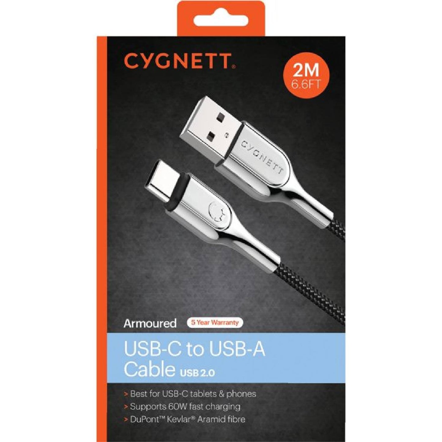 Cygnett Armored 6 ft 2.0 USB-C to USB-A Charge and Sync Cable - Black