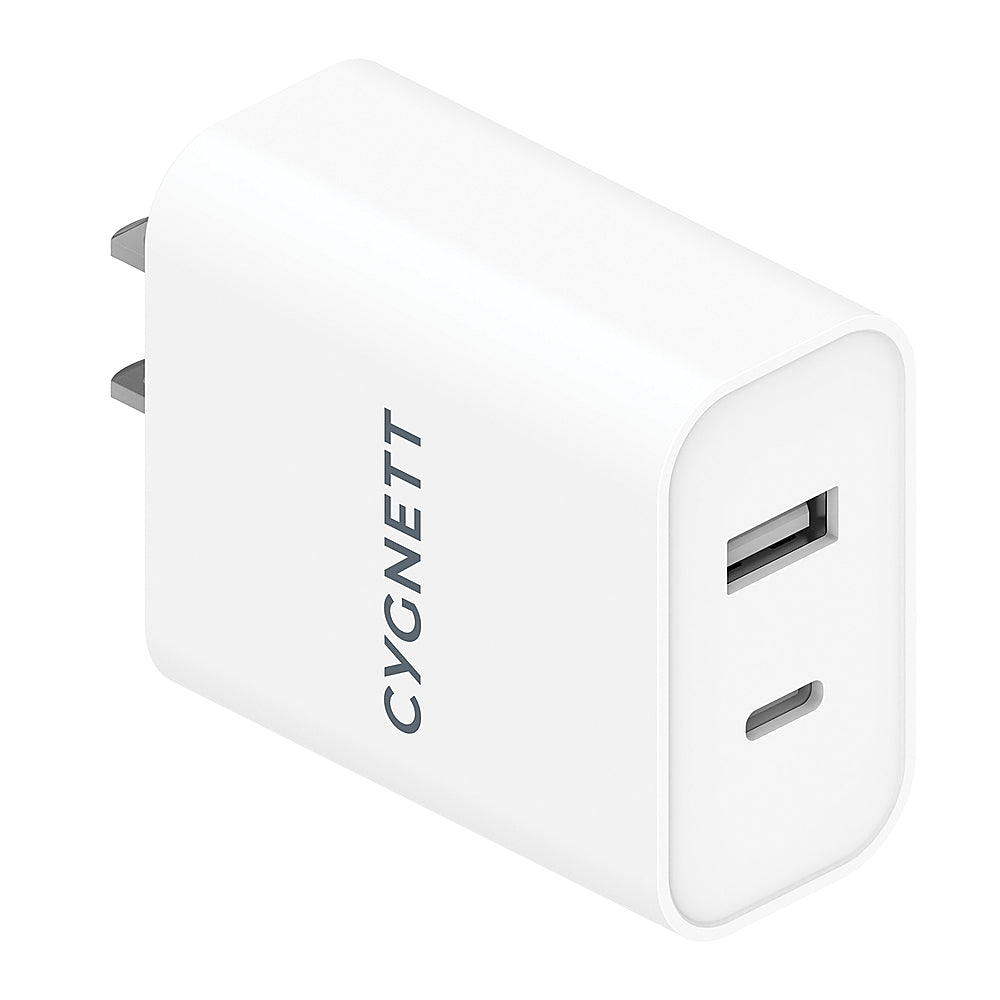 Cargador de pared de dos puertos Cygnett PowerPlus de 38 W con USB-C de 20 W y USB-A de 18 W, color blanco